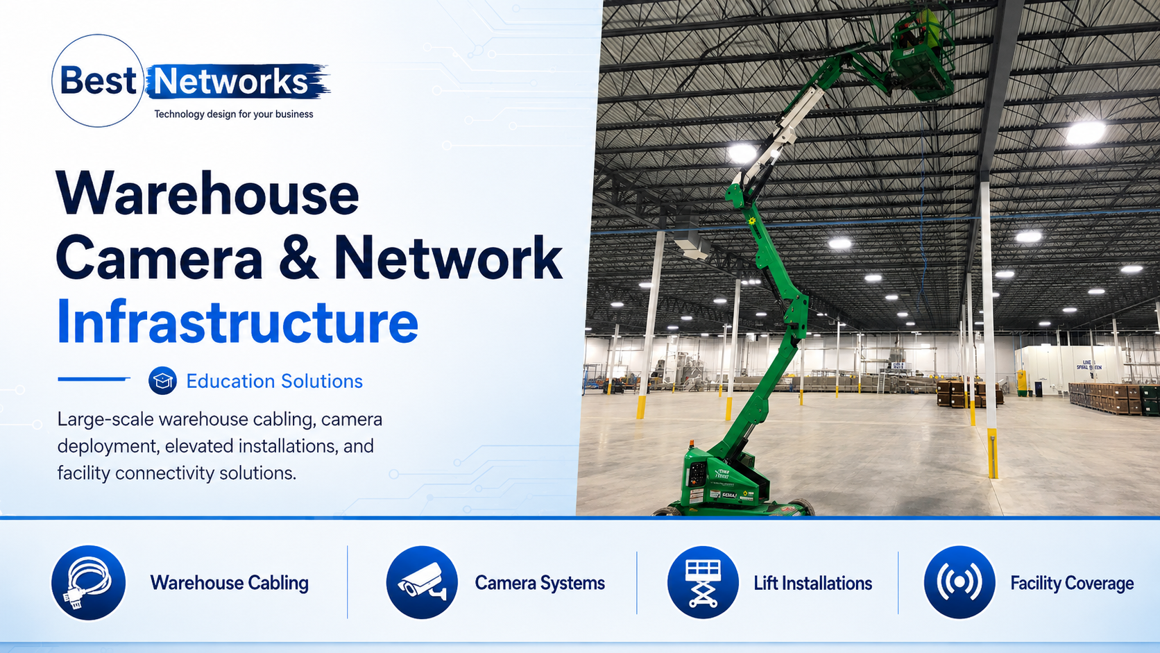 Best Networks warehouse camera and network infrastructure installation with lift access